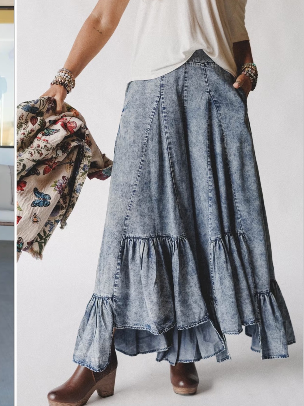 Oh Jeans Coastal Dreams super Wide Leg Pants ruffle elastic waist asymmetric M